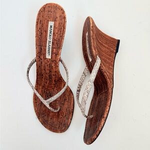 Manolo Blahnik Snake Skin Leather Cork Wood Grain Thong Wedge Heels Y2K EU 38.5